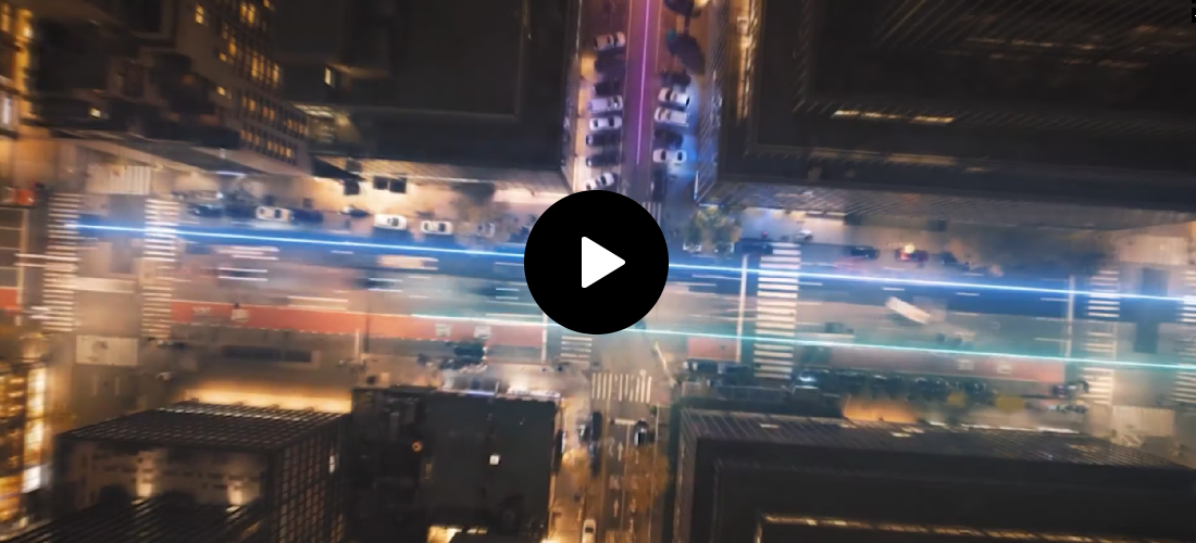 Aerial view of busy city streets at night