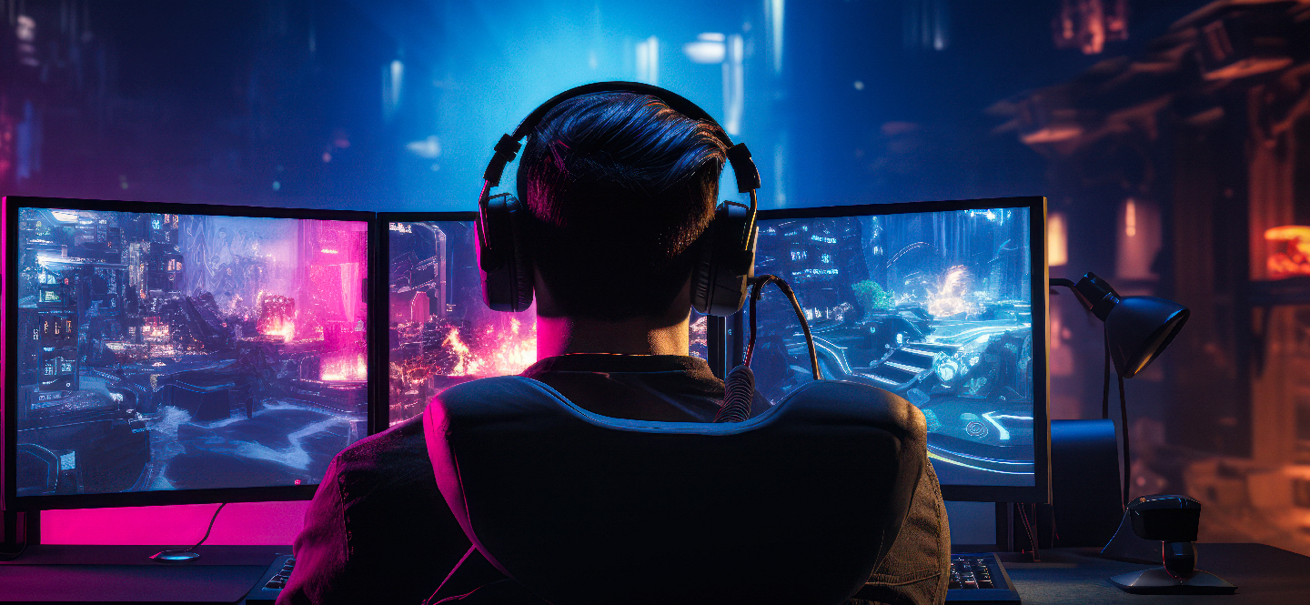 Man playing video game with multiple monitors